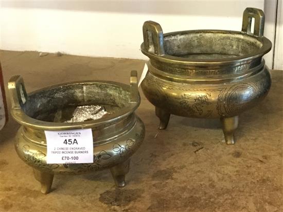 2  Chinese engraved tripod incense burners